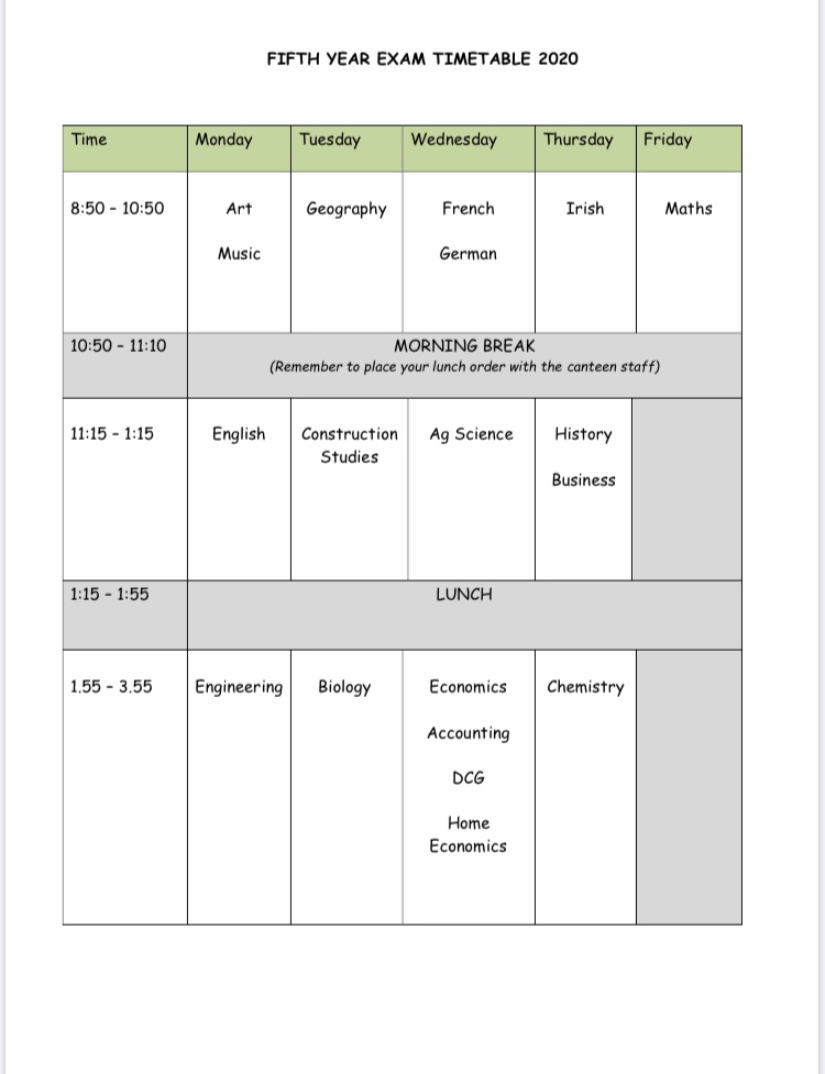 Fifth Year Summer Exam Timetable 2020